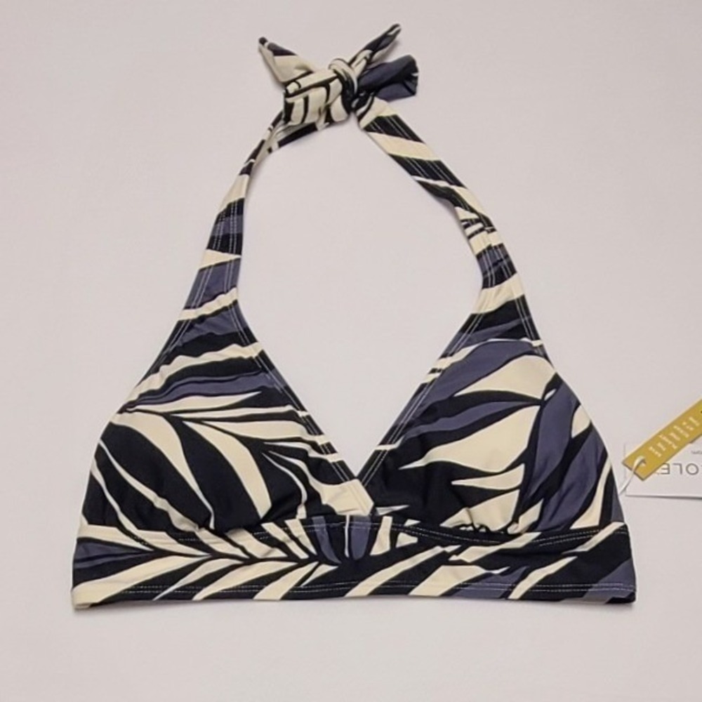 Anne Cole Womens Palm Leaf Halter Bikini Top Black White Grey Large NWT